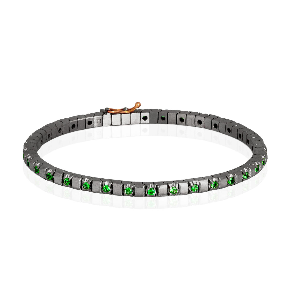 BRACCIALE TENNIS CLASSICO IN TITANIO, ORO ROSSO 18 KT E ZAVORRITI DA 3 PUNTI ALTERNATE.