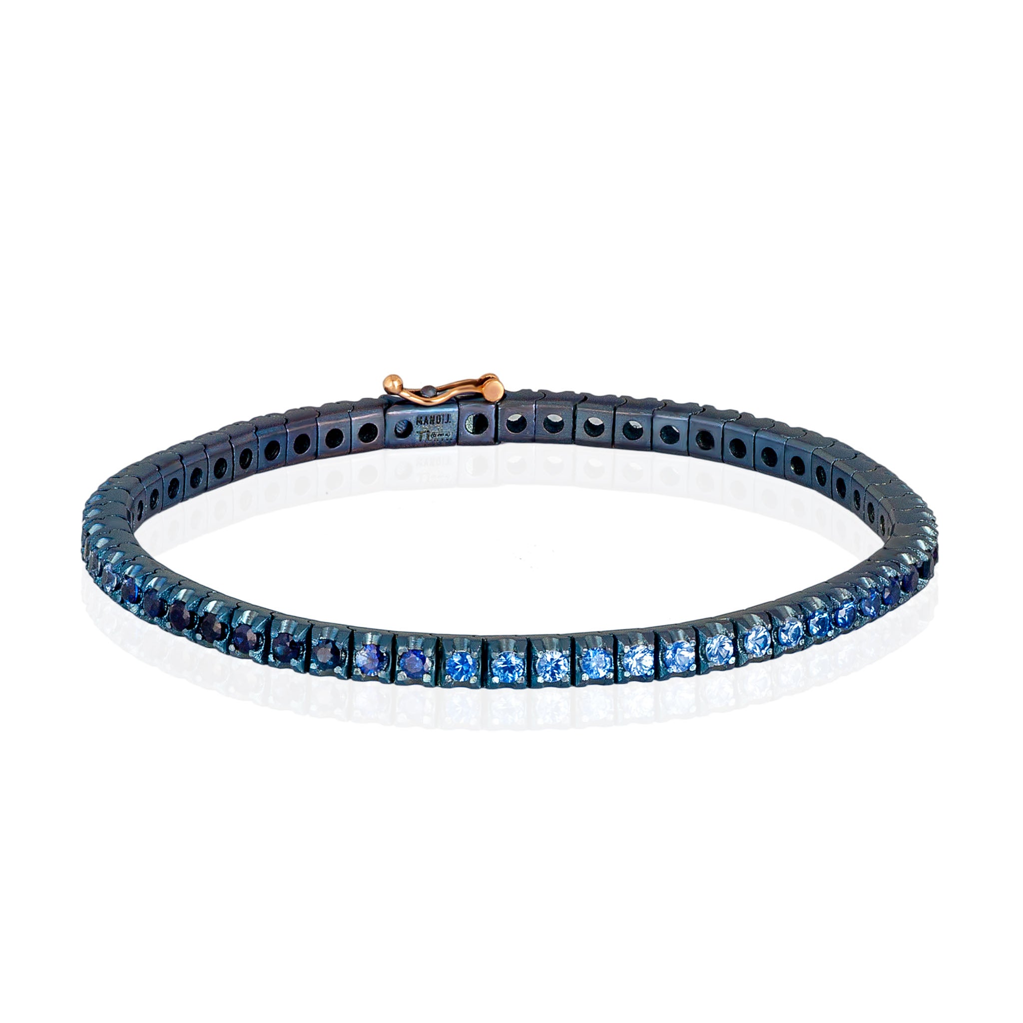 BRACCIALE TENNIS CLASSICO IN TITANIO ANODIZZATO AZZURRO, ORO ROSSO 18 KT E ZAFFIRI BLU SFUMATI DA 5 PUNTI