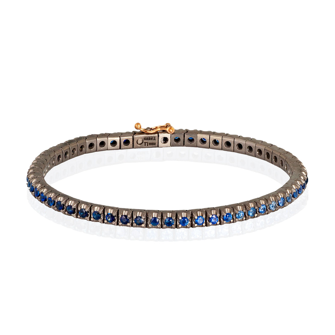 BRACELET TENNIS CLASSIQUE EN TITANE, OR ROUGE 18 KT ET SAPHIRS BLEUS DÉGRADÉS DE 5 POINTS