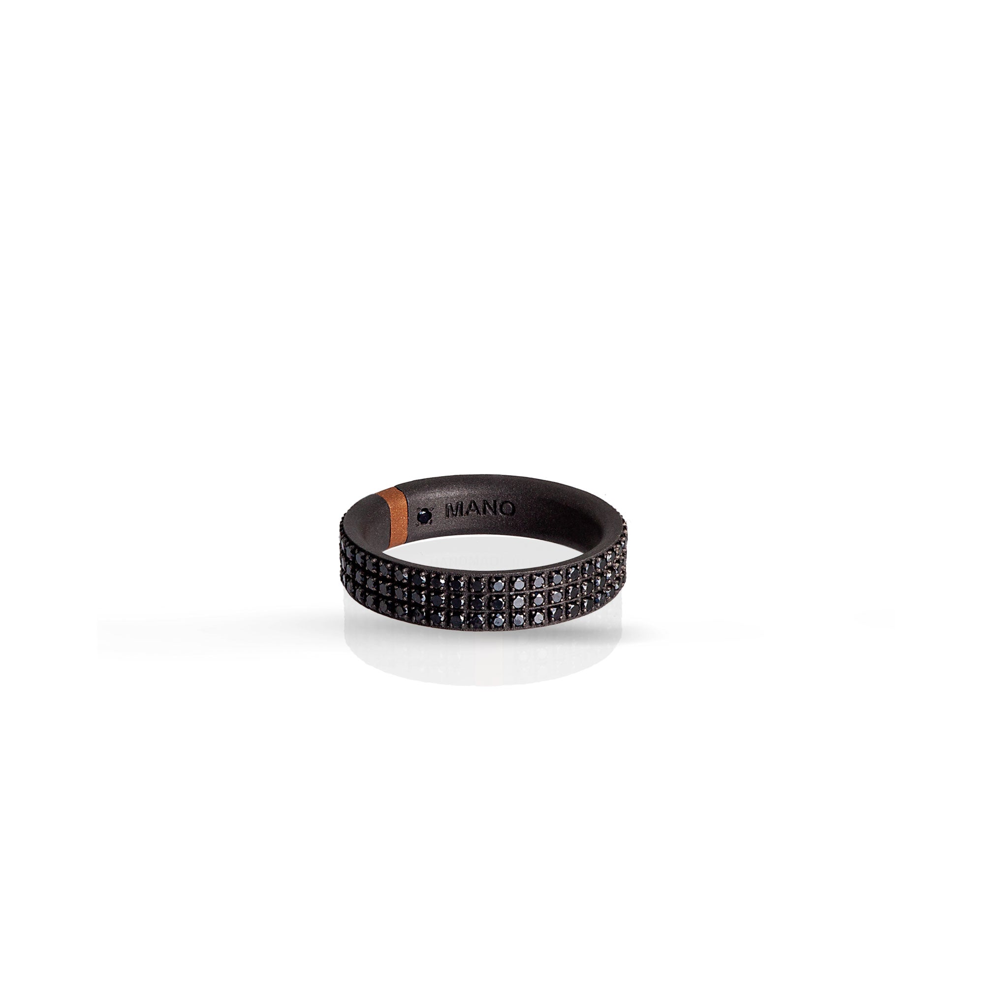 BAGUE HOMME EN TITANE, OR ROUGE 18 KT ET 3 RANGÉES DE DIAMANTS NOIRS