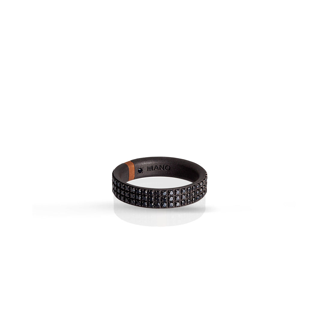 BAGUE HOMME EN TITANE, OR ROUGE 18 KT ET 3 RANGÉES DE DIAMANTS NOIRS