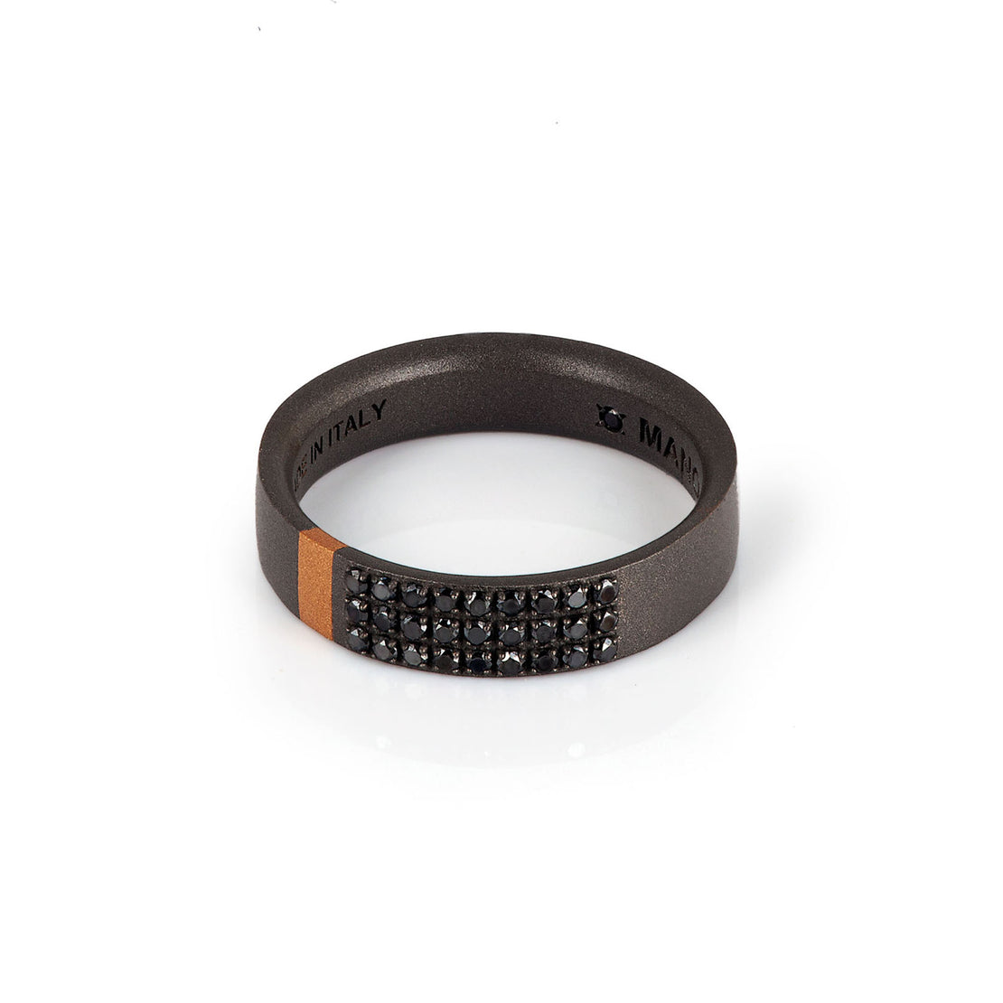 BAGUE HOMME EN TITANE, OR ROUGE 18 KT ET 27 DIAMANTS NOIRS