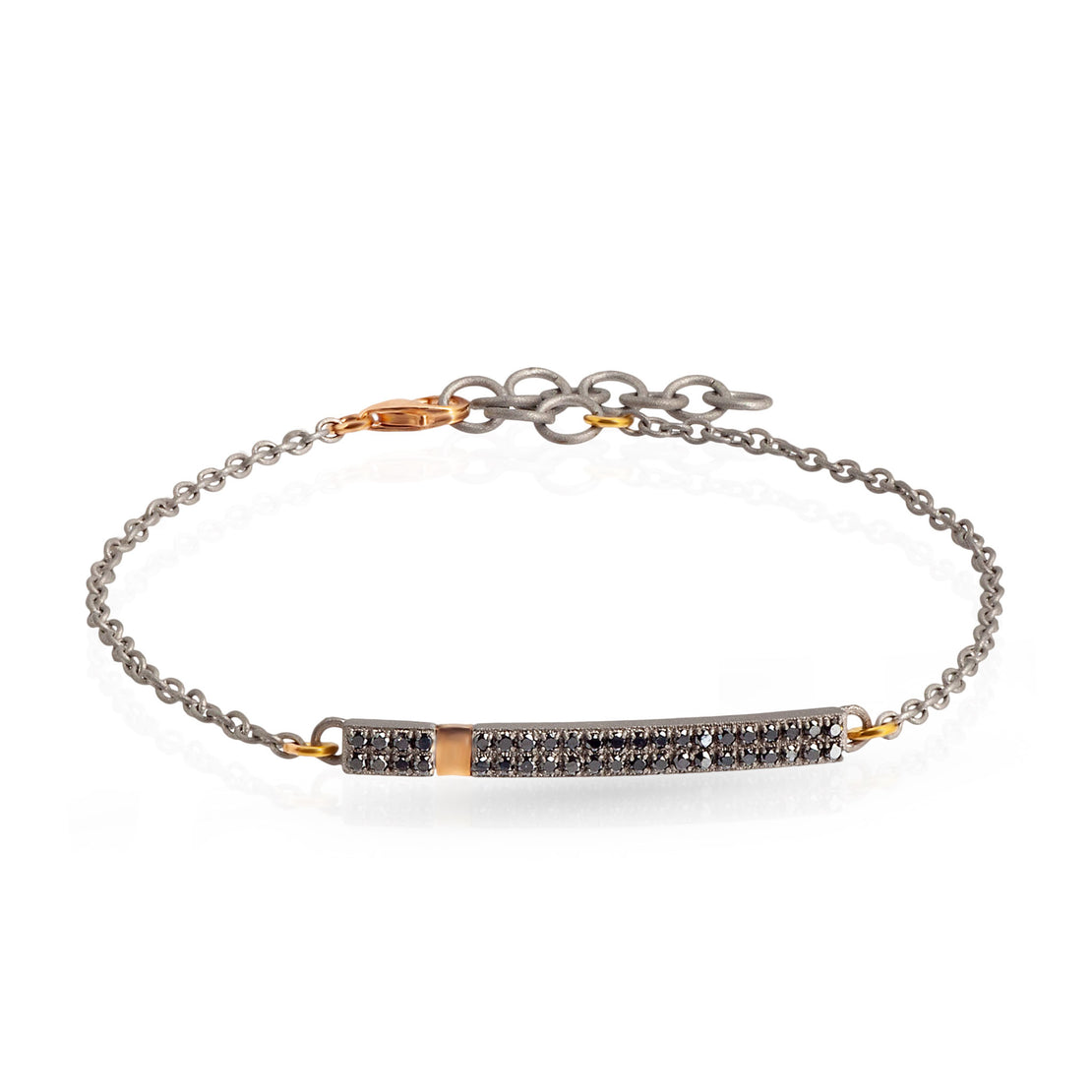 BRACELET AVEC BARRETTE ET CHAÎNE, TITANE,OR ROUGE 18 KT ET DIAMANTS NOIRS.