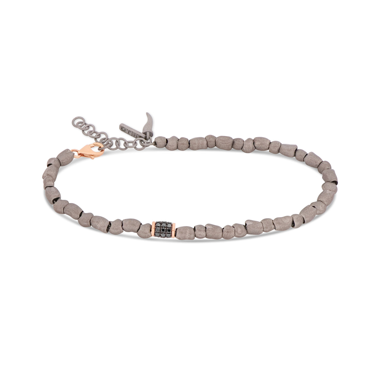 BRACCIALE UOMO CON SASSI PICCOLI IN TITANIO, BARILOTTO IN ORO ROSSO 9 KT E DIAMANTI BLACK
