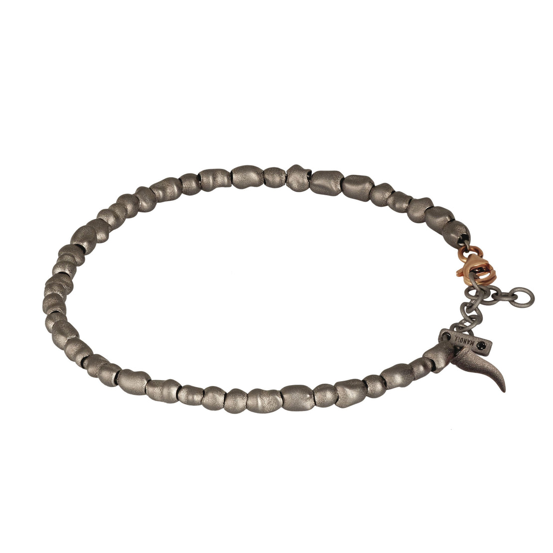 BRACELET HOMME AVEC PETITS SASSI EN TITANE ET OR ROUGE 9 KT, CORNE PORTE-BONHEUR EN TITANE