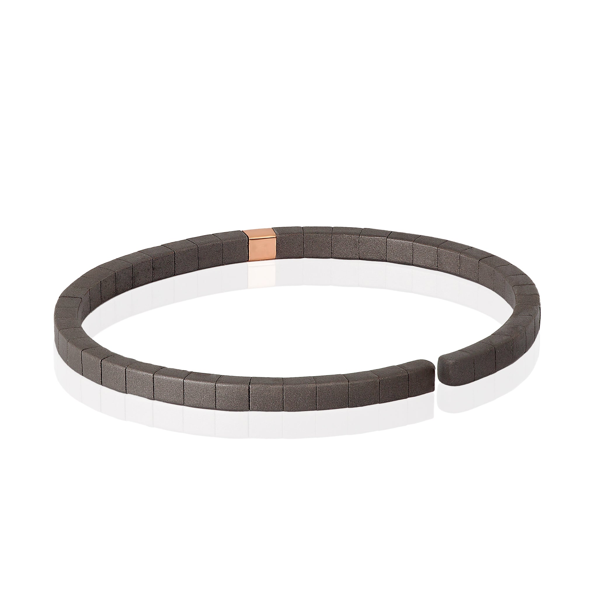 BRACELET HOMME EN TITANE, OR ROUGE 9 KT, DIAMANTS NOIRS.