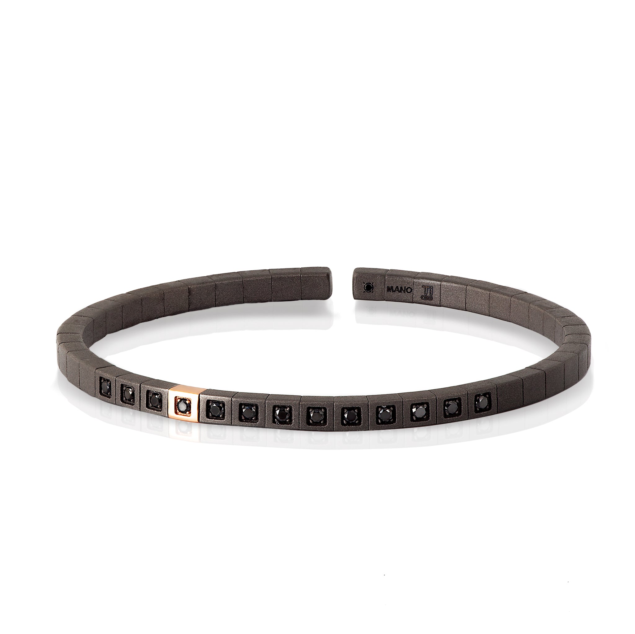BRACELET HOMME EN TITANE, OR ROUGE 9 KT, DIAMANTS NOIRS.