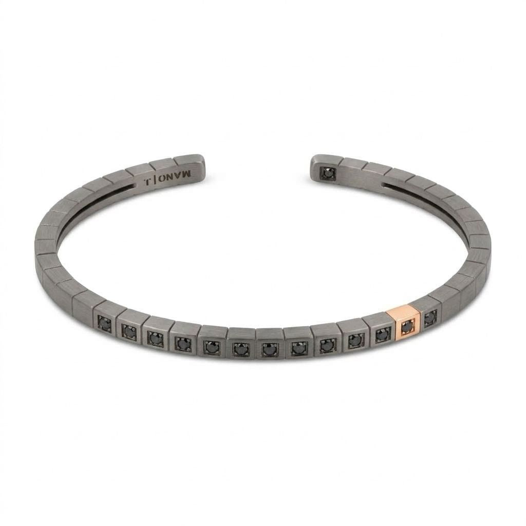 BRACCIALE UOMO IN TITANIO, ORO ROSSO 9 KT, DIAMANTI BLACK.