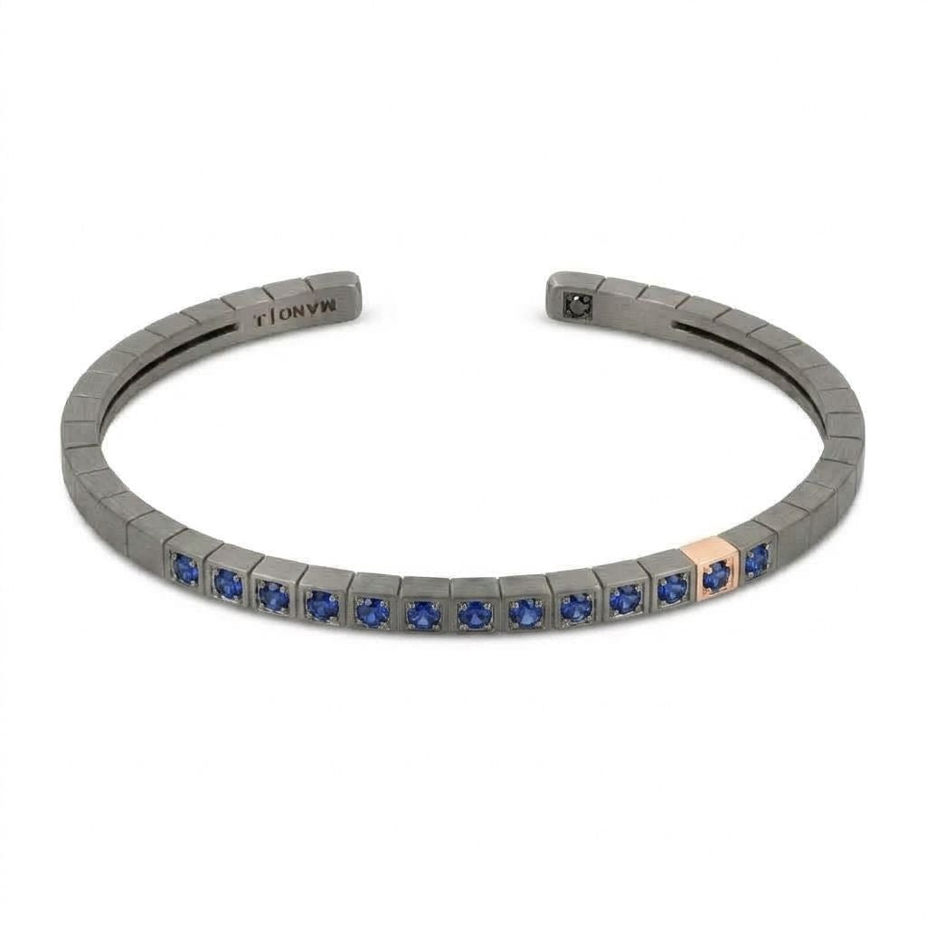 BRACCIALE UOMO IN TITANIO, ORO ROSSO 9 KT E ZAFFIRI BLU.