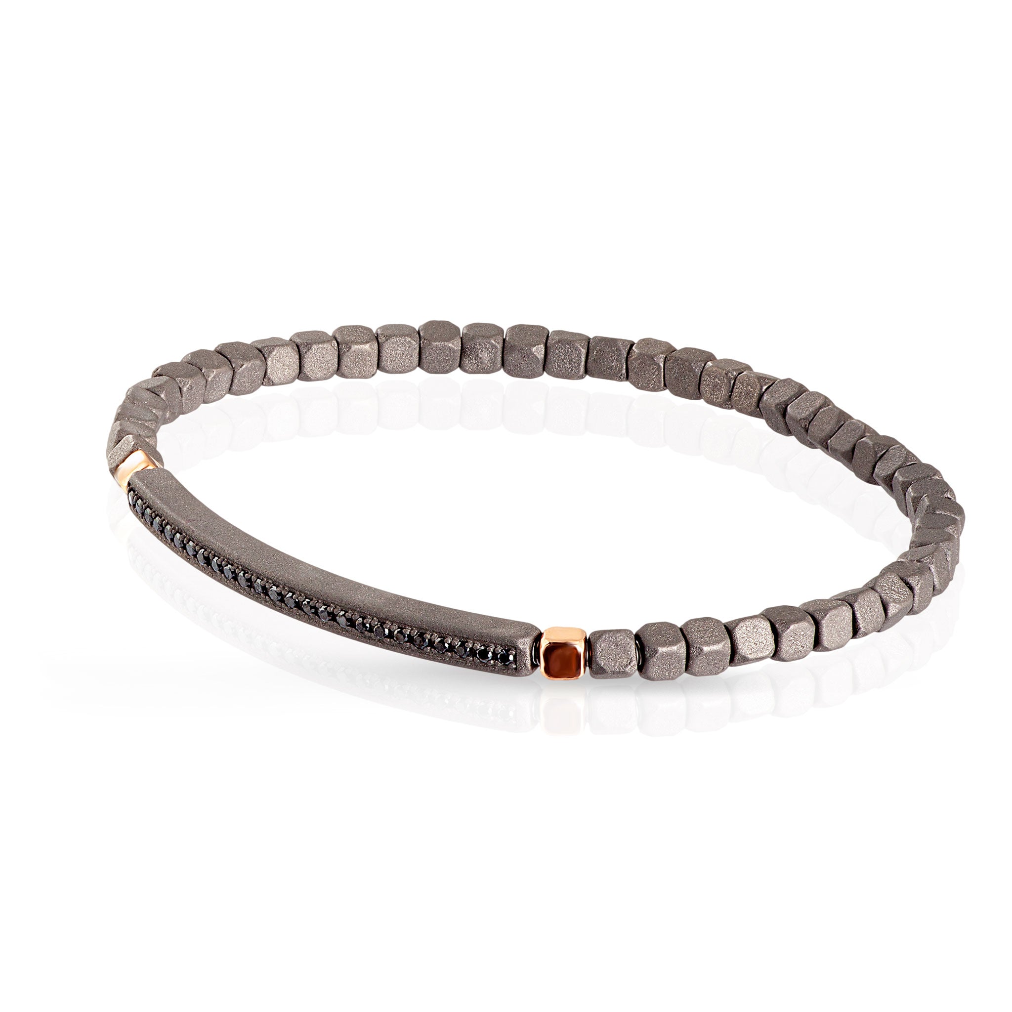 BRACELET À RESSORT AVEC CUBES ET BARRETTE EN TITANE, 2 CUBES OR 9 KT ET 25 NOIRS
