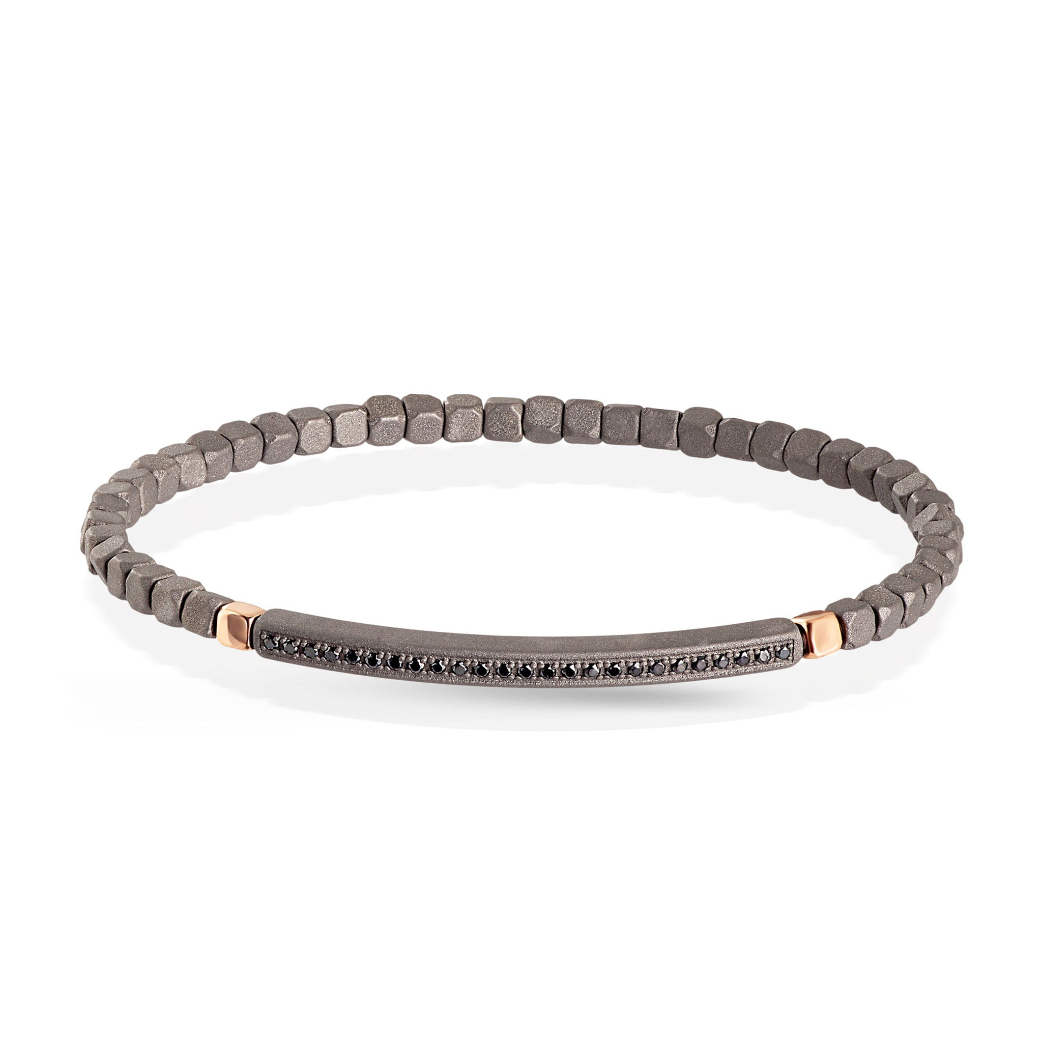 BRACELET À RESSORT AVEC CUBES ET BARRETTE EN TITANE, 2 CUBES OR 9 KT ET 25 NOIRS