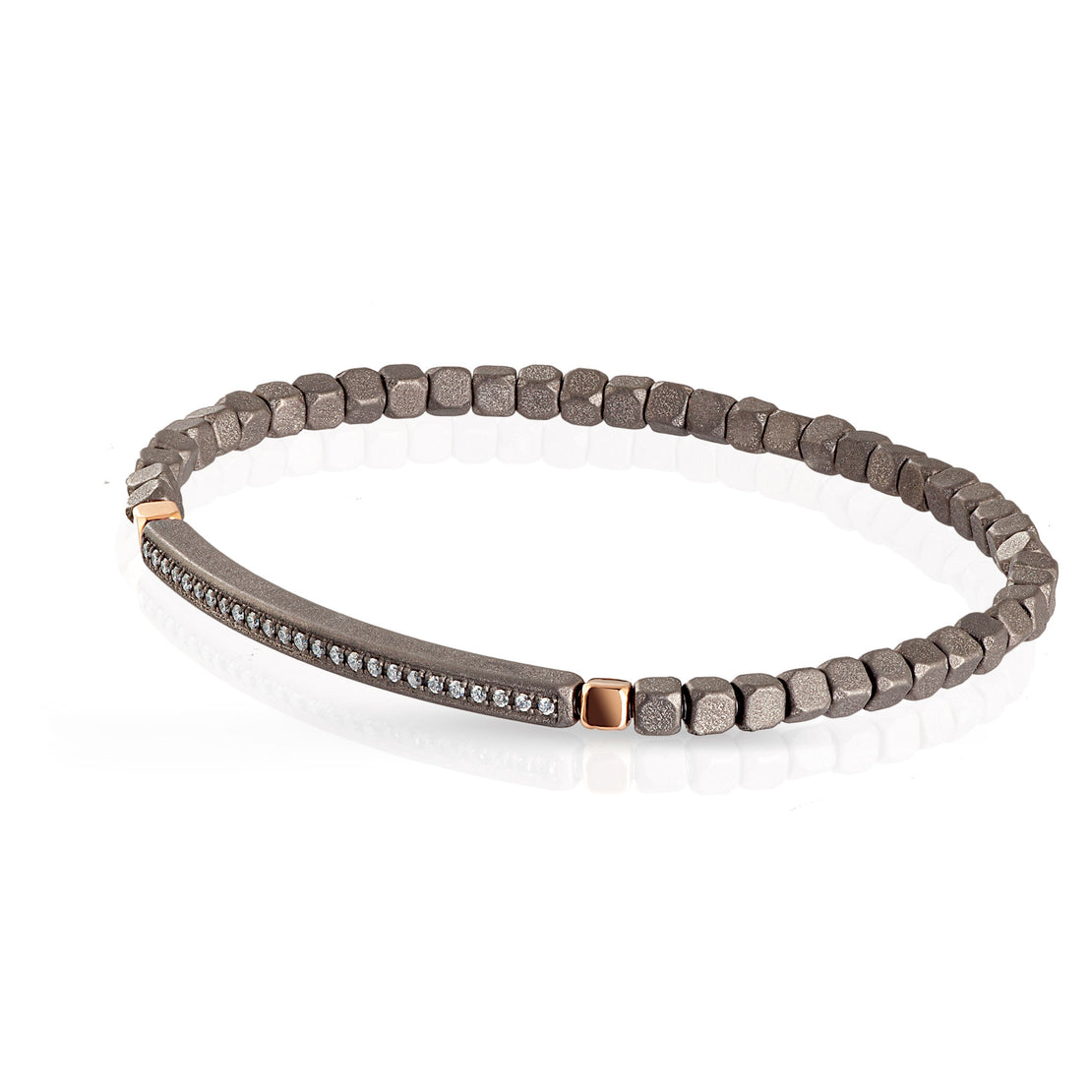 BRACELET À RESSORT AVEC CUBES ET GRANDE BARRETTE EN TITANE, 2 CUBES OR 9 KT ET 25 BLANCS