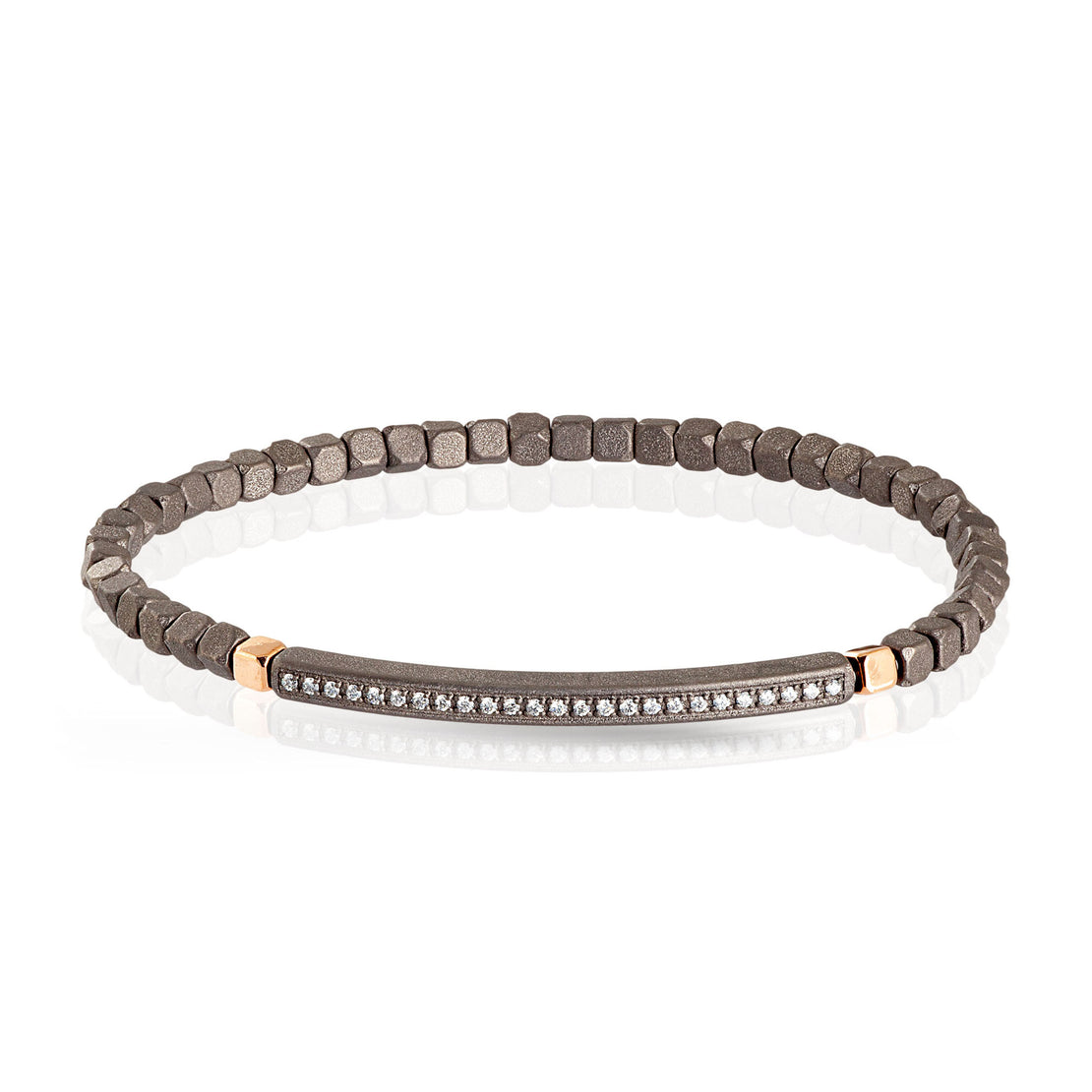 BRACCIALE A MOLLA CON CUBI E BARRETTA GRANDE IN TITANIO, 2 CUBI ORO 9 KT E 25 WHITE