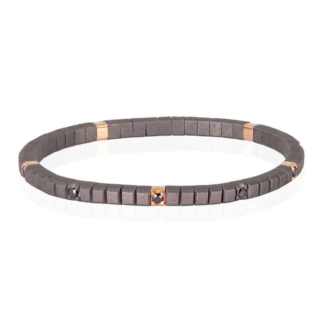 BRACCIALE TENNIS IN TITANIO, ORO ROSSO 18 KT E 10 DIAMANTI BLACK DA 5 PUNTI