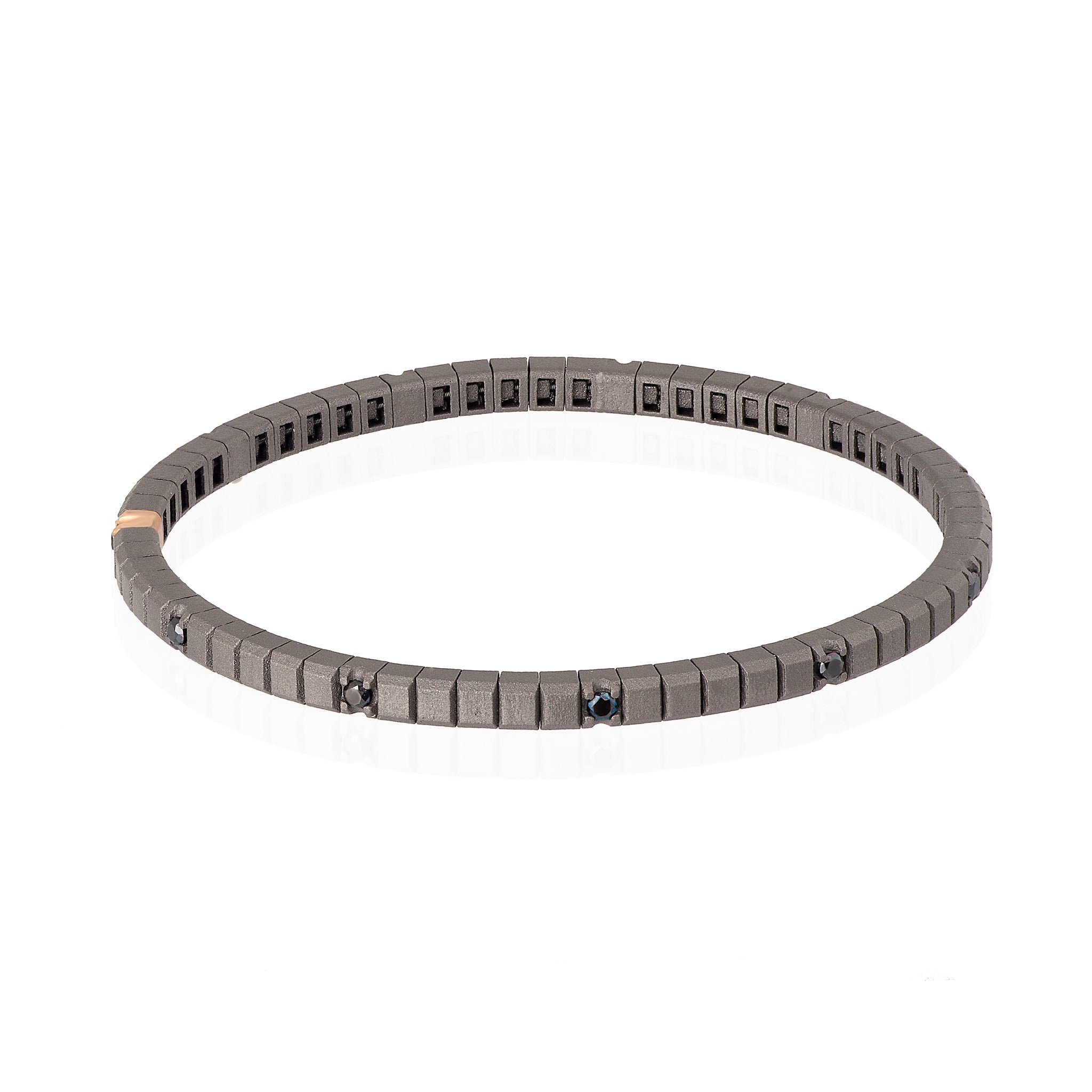 BRACCIALE TENNIS IN TITANIO, ORO ROSSO 18 KT E 10 DIAMANTI BLACK DA 5 PUNTI.