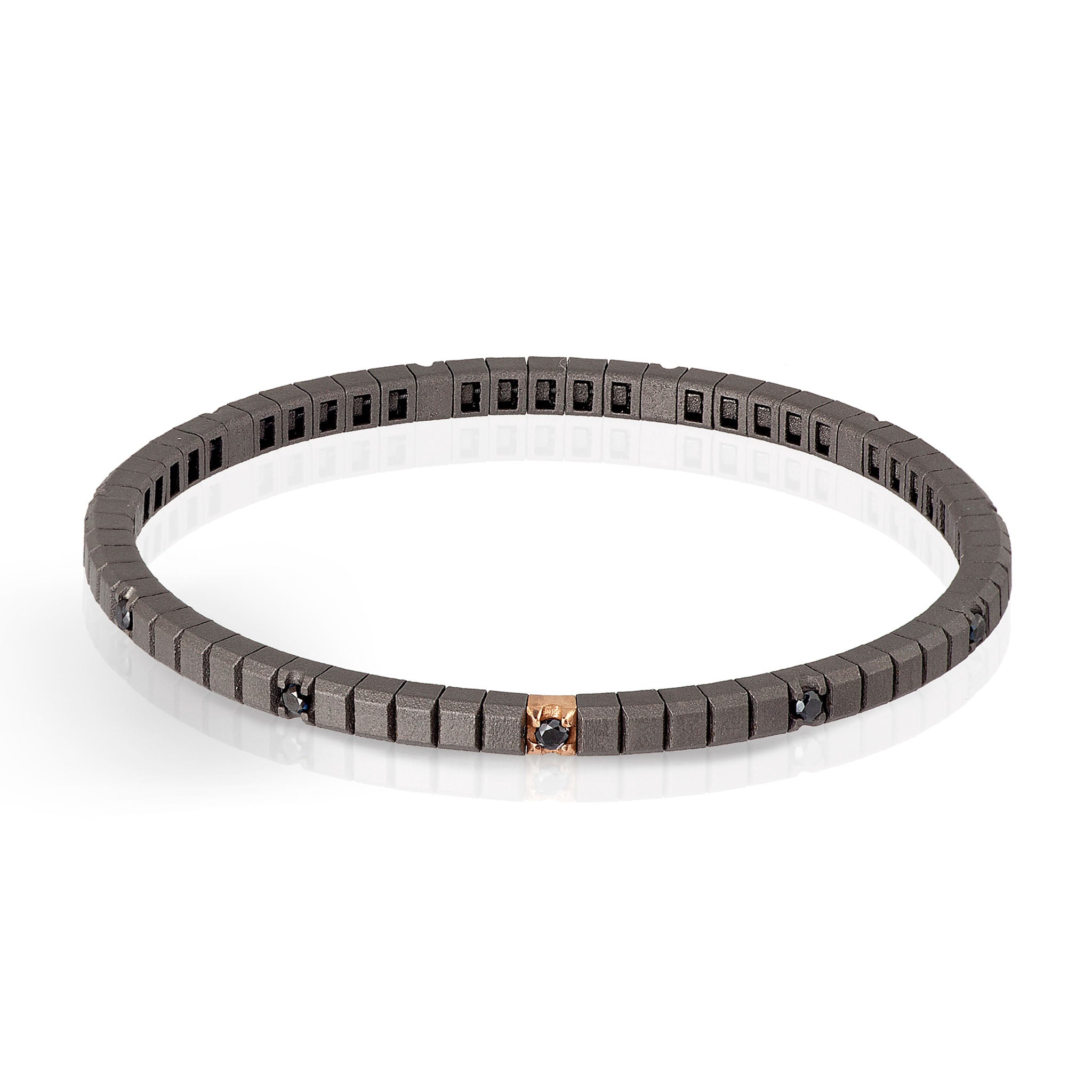 BRACCIALE TENNIS IN TITANIO, ORO ROSSO 18 KT E 10 DIAMANTI BLACK DA 5 PUNTI.