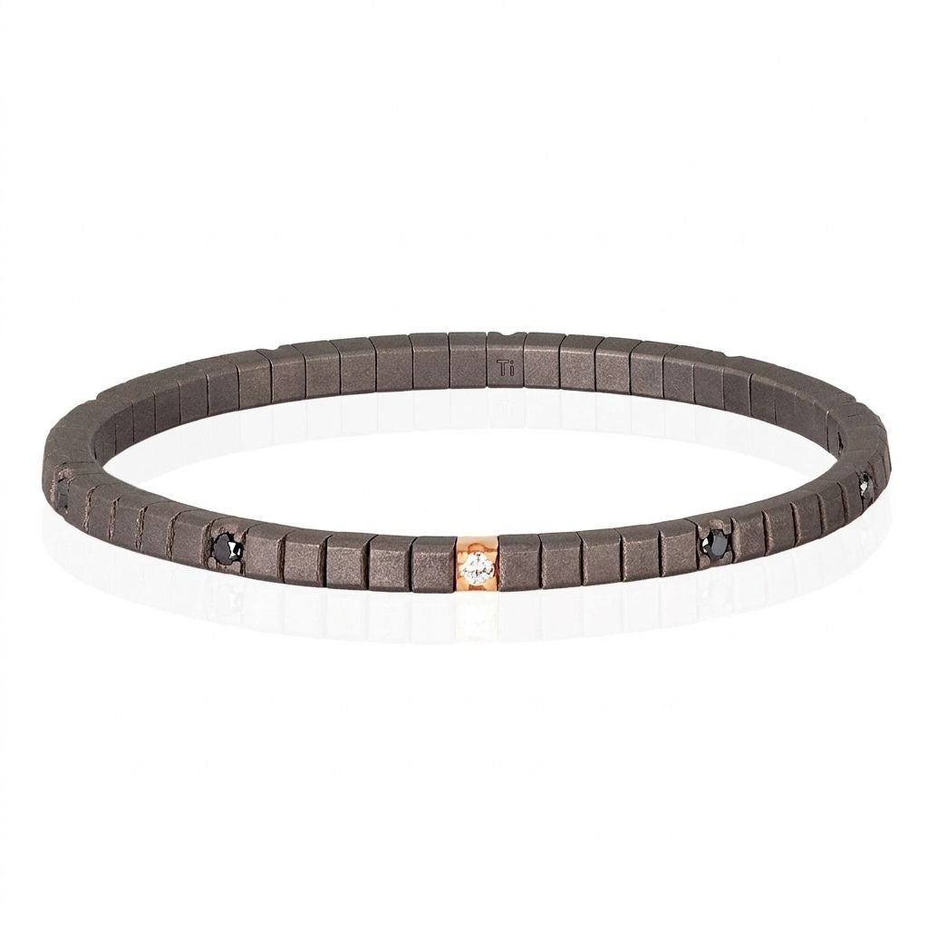 BRACCIALE TENNIS IN TITANIO, ORO ROSSO 18 KT, DIAMANTI BLACK DA 5 PUNTI E UN DIAMANTE WHITE