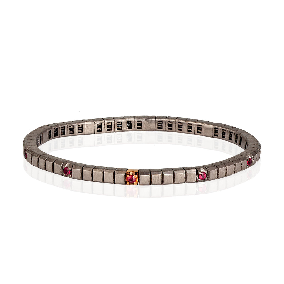 BRACELET TENNIS LIGNE ÉLASTIQUE EN TITANE, OR ROUGE 18 KT ET 10 RUBIS DE 5 POINTS