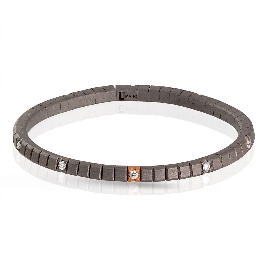BRACCIALE TENNIS LINEA ELASTICA IN TITANIO, ORO ROSSO 18 KT E 10 DIAMANTI WHITE DA 5 PUNTI.