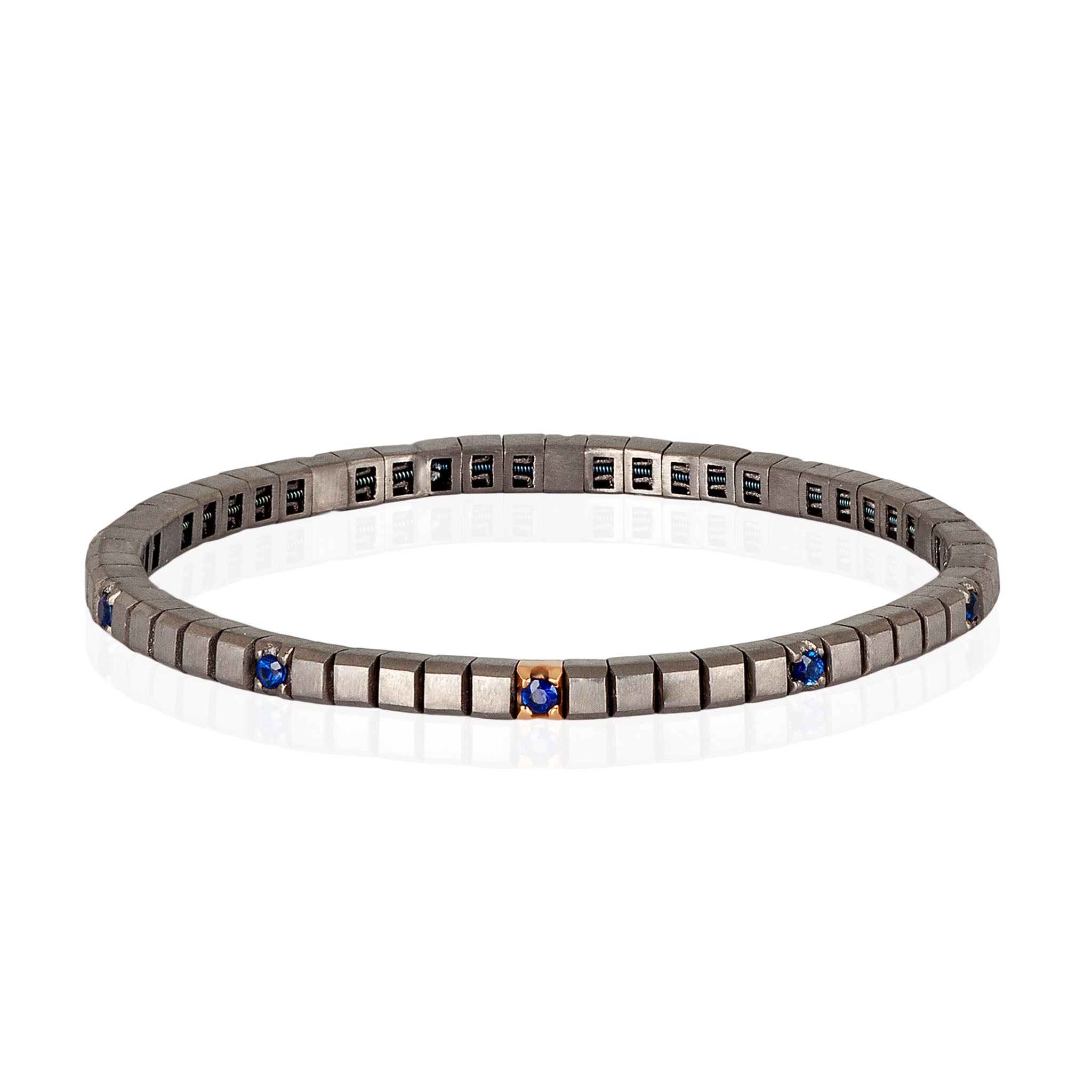 BRACCIALE TENNIS LINEA ELASTICA IN TITANIO, ORO ROSSO 18 KT E 10 ZAFFIRI BLU DA 5 PUNTI.