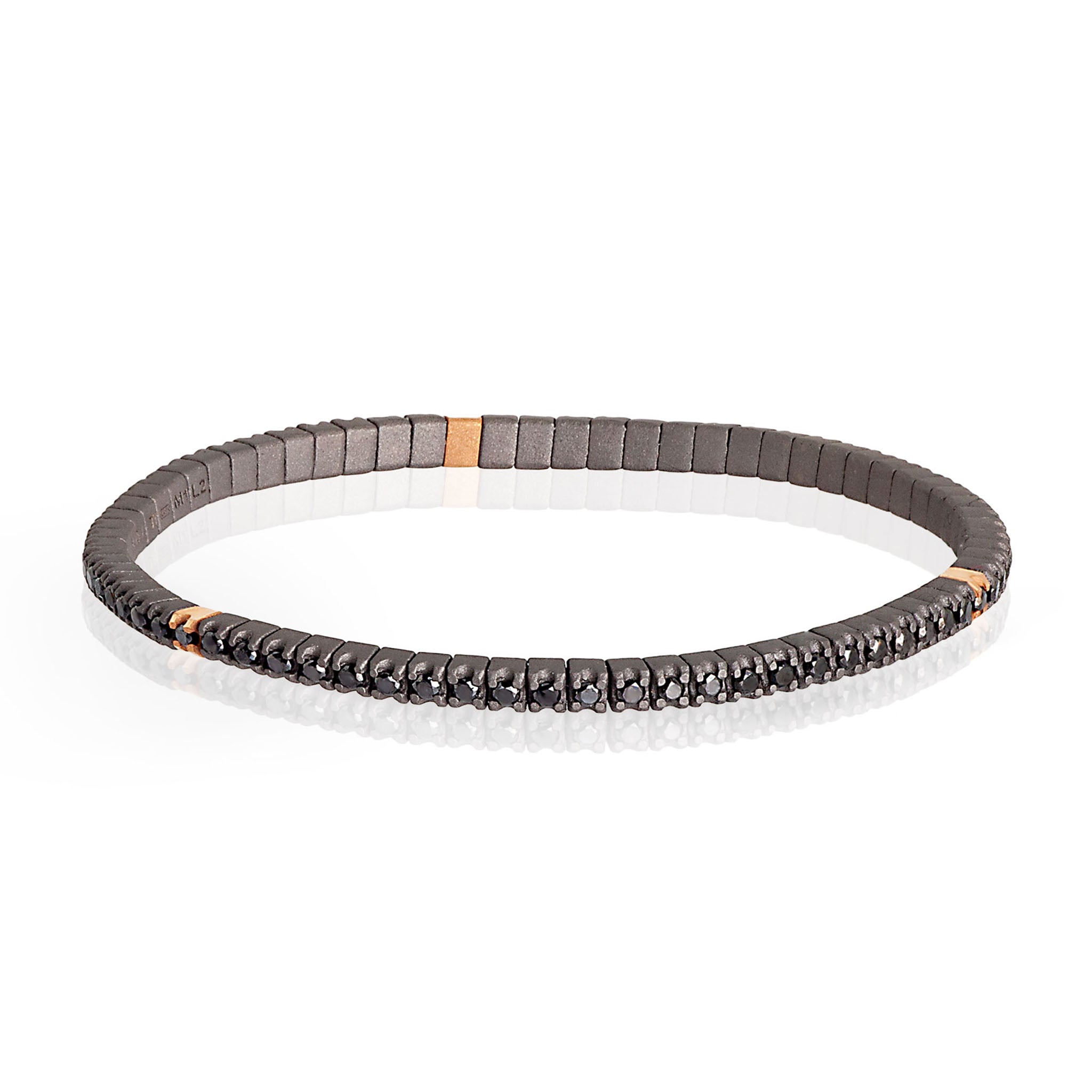 BRACCIALE TENNIS IN TITANIO, 3 CASTONI IN ORO ROSSO 18 KT E DIAMANTI BLACK