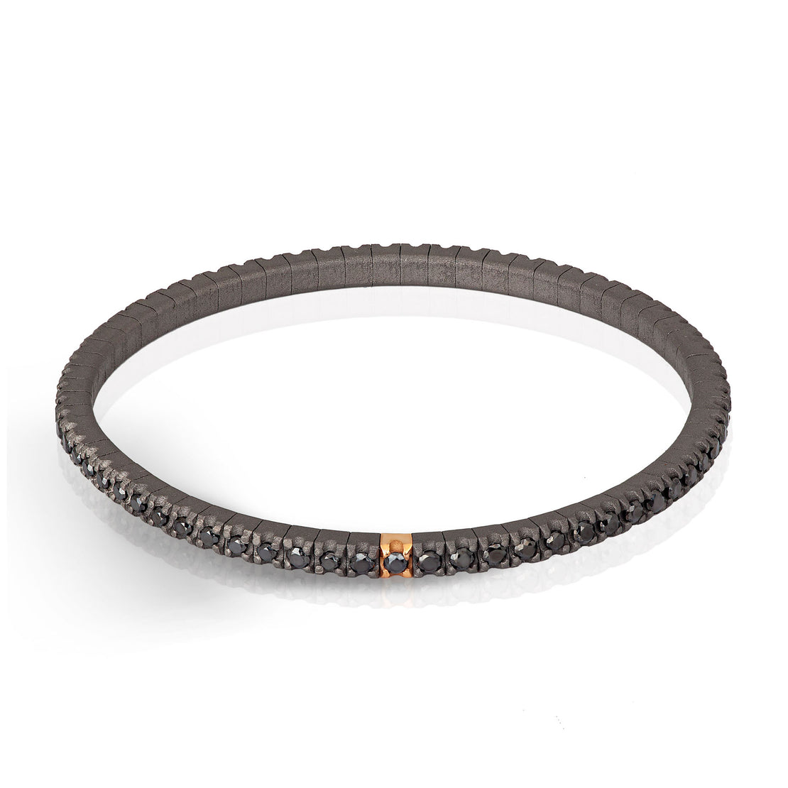 BRACELET TENNIS EN TITANE, OR ROUGE 18 KT ET DIAMANTS NOIRS DE 3 POINTS.