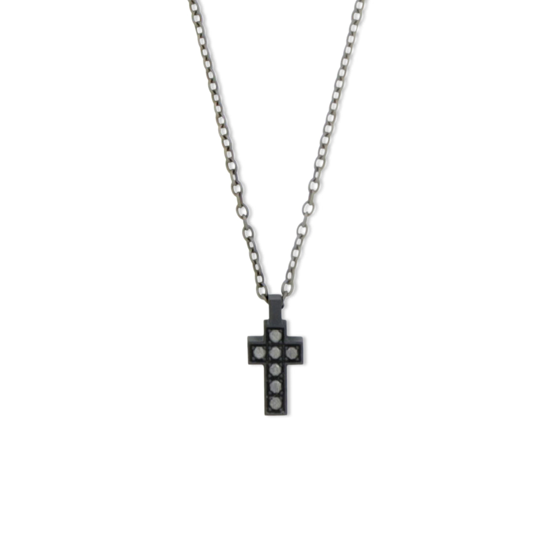 COLLIER EN TITANE NOIR AVEC CROIX, DIAMANTS NOIRS ET MOUSQUETON EN OR ROUGE 9 KT